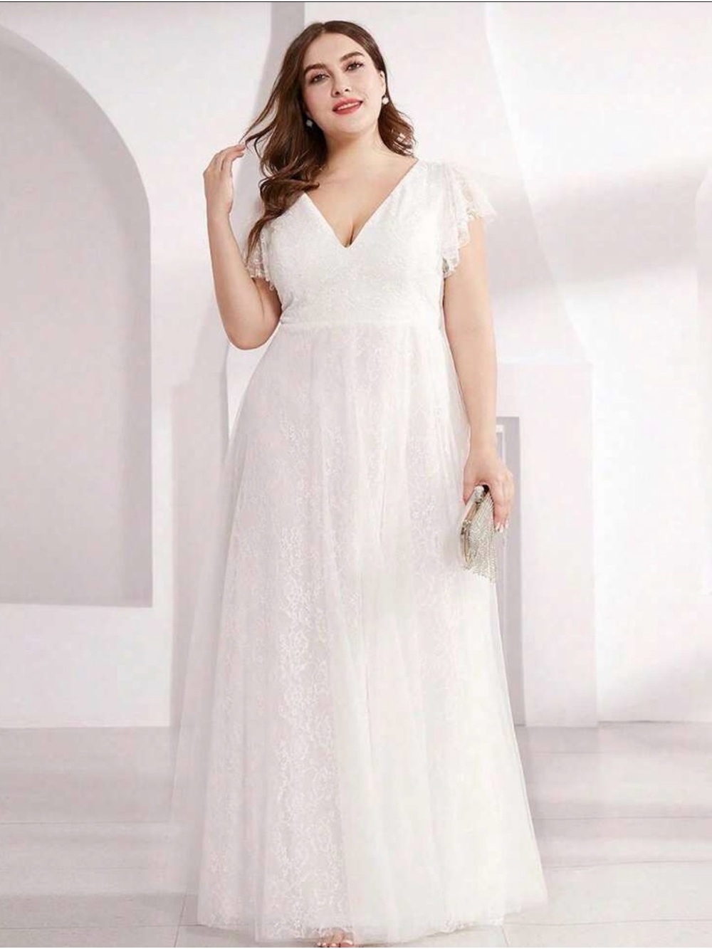 Elegant Plus-Size White Lace V-Neck Dress